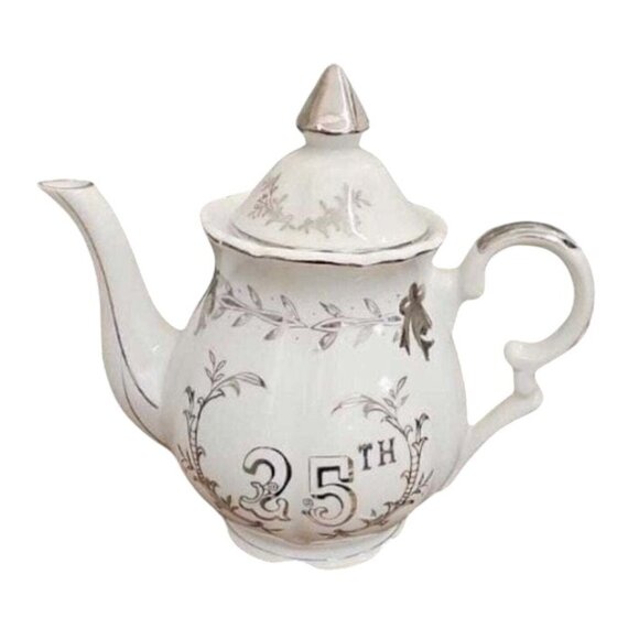 The Thrift Shop Turtle Lake Other - Vintage 25th Anniversary White Porcelain Teapot With Silver Accents & Floral Des